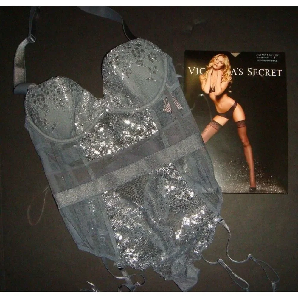 NWT Victoria's Secret 32B,32C garter TEDDY one-piece GRAY SILVER foil VERY SEXY